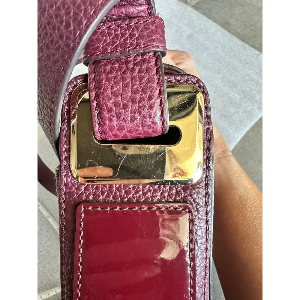 Michael Kors Lila Large Shoulder Flap Bag Burgundy Pebbled Leather Patent Stripe